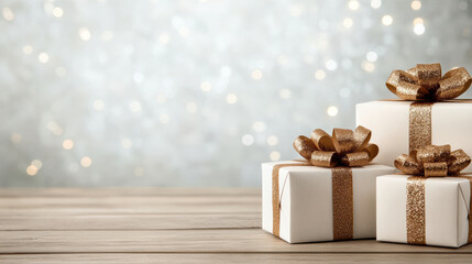Elegant white gift box with gold ribbon and bow on wooden table, festive glow