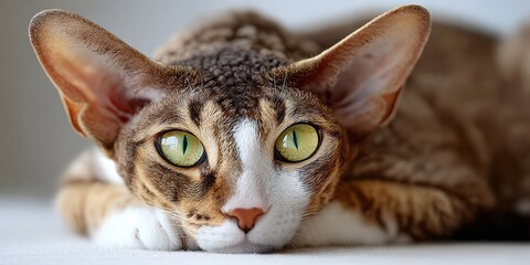 Close-Up View of a Cornish Rex Cat with Green Eyes, Relaxing Thoughtfully Indoors, Elegant Pet