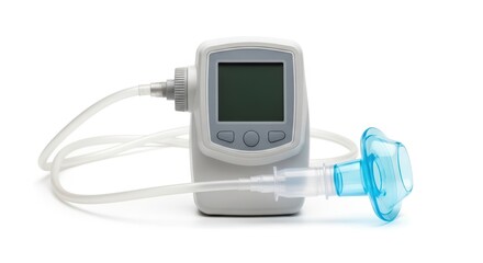 Medical device with digital screen and blue breathing mask.