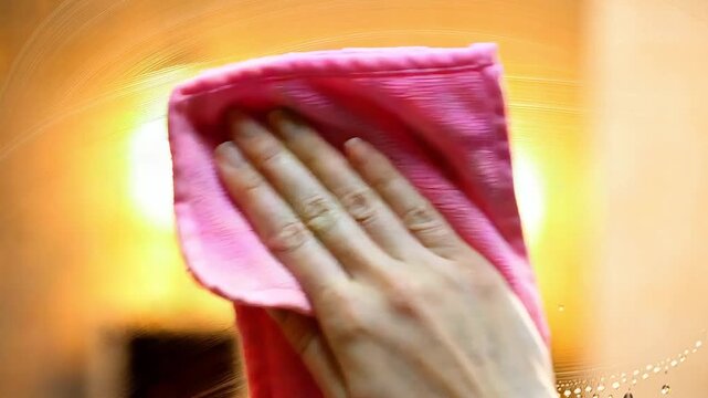 Close up of a female hand with microfiber cloth cleaning a window with soapy white foam
