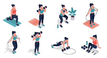 Woman performing various fitness exercises at home