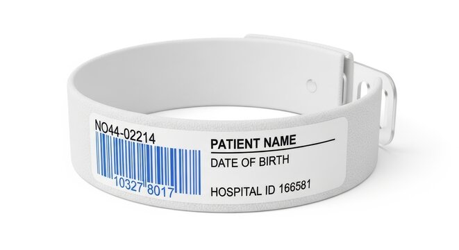 Close-up of a hospital ID wristband.