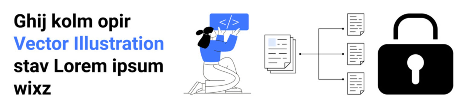 Cybersecurity, digital data protection, information systems, coding, online privacy, secure communication. Person coding with a screen, data flow icons and lock symbol. Cybersecurity and digital