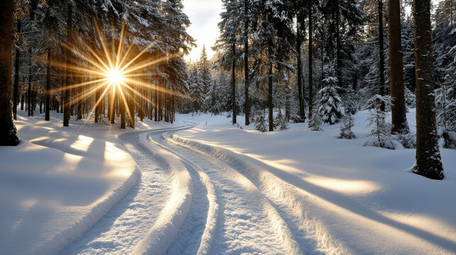 Snowy forest trail at sunrise with warm light and soft shadows