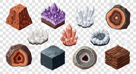 Rock and mineral collection with transparent background