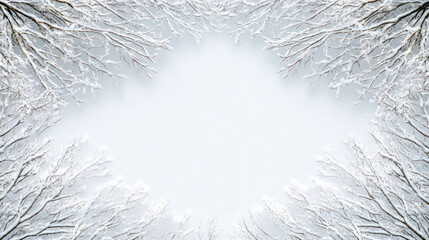 Snowy tree branches frame blank textured snow center, serene winter scene with soft light