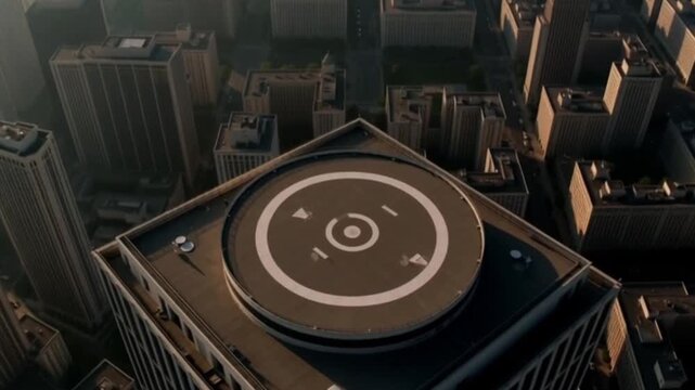 Urban aerial view with a helipad on a skyscraper