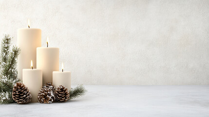 White candle arrangement with pine cones and winter foliage evoking cozy calm