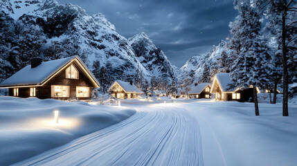 Fototapeta premium Glowing winter village with snow covered cabins and lit pathway under starry mountain sky