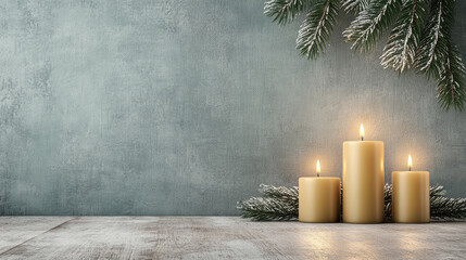 Frosted evergreen candle winter scene warm glow peaceful holiday decor