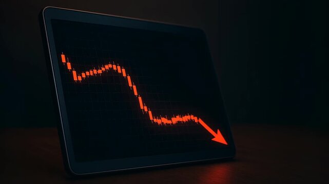 Financial market crisis and stock failure visualized with red downward arrow on chart. Extreme volatility and high inflation signal economic collapse, deep recession and investment risk