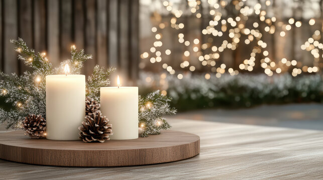 Warm candle centerpiece with pinecone greenery and soft holiday lights - Powered by Adobe