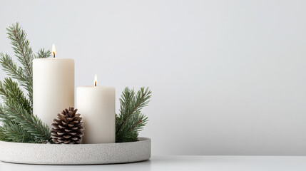 White candle centerpiece with pine branch and pinecone tray, warm glow and minimalist holiday