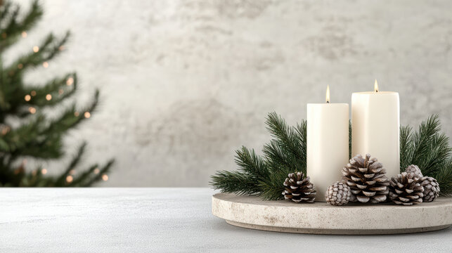 White pillar candles with pinecone and evergreen centerpiece evoking cozy holiday warmth - Powered by Adobe