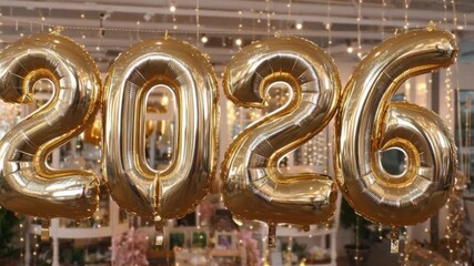 A close-up of large metallic gold balloons bearing the number 2026, reflecting the bright, shimmering lights of a New Year's Eve party