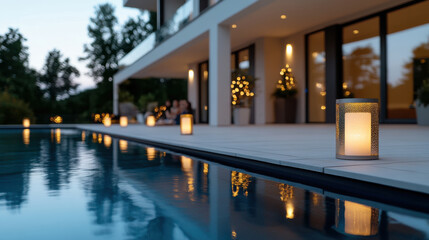 A serene outdoor evening scene featuring softly lit lanterns around a pool, creating a tranquil atmosphere that promotes relaxation and peaceful gatherings in a beautiful setting.