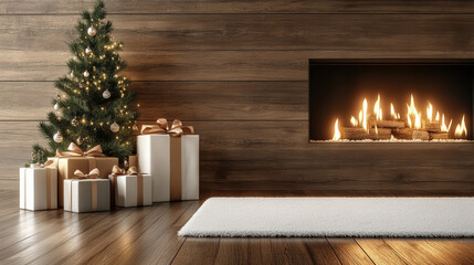 Obraz premium Christmas tree with wrapped gifts and lit fireplace in cozy wooden living room