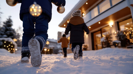 Two children dash through freshly fallen snow, holding ornaments in hand, embodying the spirit of winter wonder and festive joy during the holiday season.