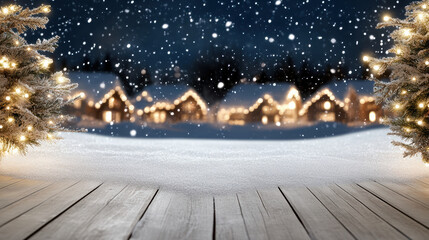 Snow village winter lights cozy wooden deck with falling snow