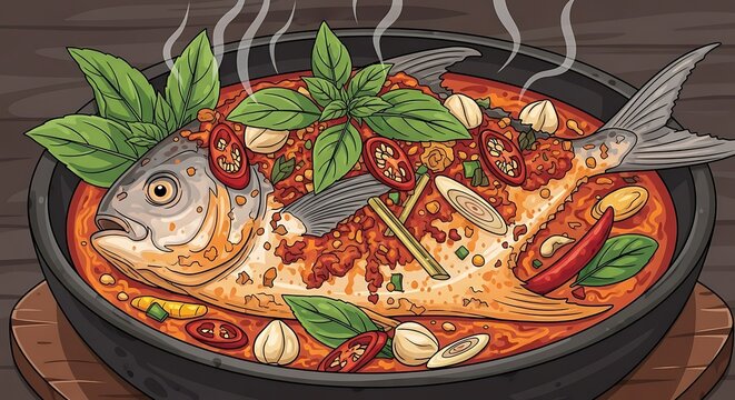 Steaming Fish Stew - A Culinary Delight in Vibrant Detail. - Powered by Adobe