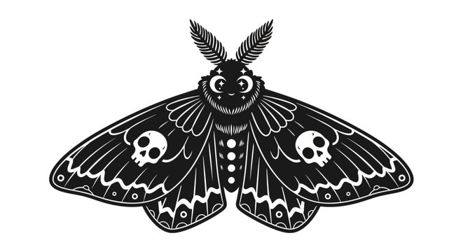 Elegant black and white moth illustration with skull and moon details on wings design concept