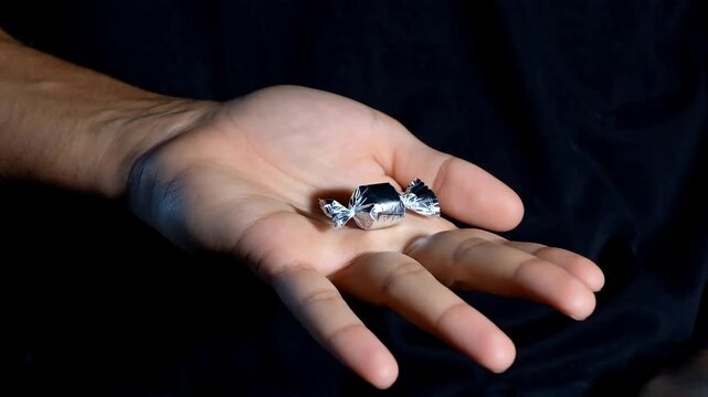 Close-up of a man's hand opening to reveal a single candy wrapped in silver foil on dark black