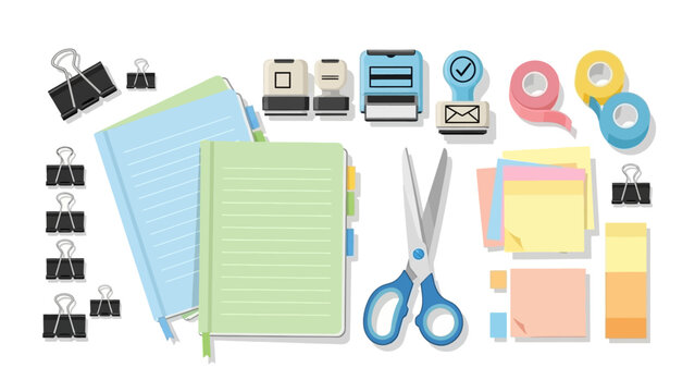 Assorted stationery including notebooks clips stamps tape scissors and sticky notes