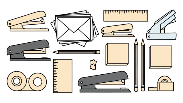 Assortment of office supplies staplers pencils rulers tape notes and envelopes arranged on a white background