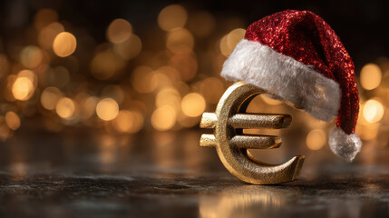 Gold euro symbol with festive christmas hat. shiny money and finance concept on golden light bokeh background for holiday celebration