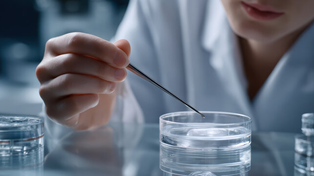 Scientist focused research in laboratory on fertility medicine, carefully freezing human egg inside sterile petri dish for treatment