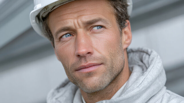 Thoughtful male engineer in protective gear with focused look. skilled handsome construction worker at an industrial site on project - Powered by Adobe