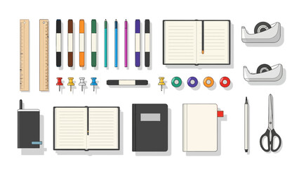 Overhead shot of office supplies incl rulers pens journals tape tacks magnets pen scissors on white surface