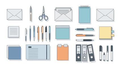 Overhead shot showing stationery pens paper clips files and other desk accessories