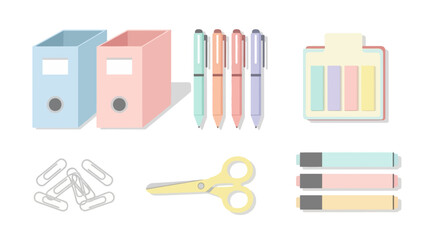 Pastel desk supplies bluepink file boxes pens paperclips scissors sticky notes and highlighters arranged on a white background