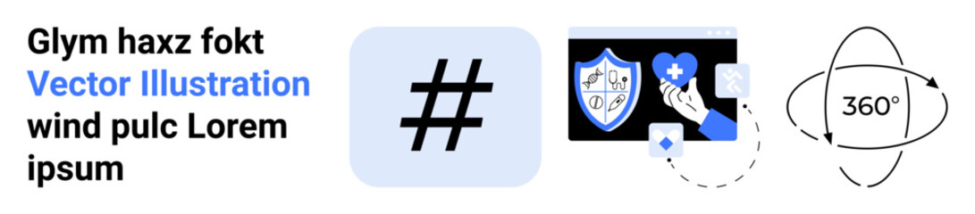 metadata tag icon, healthcare shield with hand clicking, and orbit-thumbs up 360 symbol. Ideal for technology, social media, healthcare, branding, digital interaction, navigation and simple landing