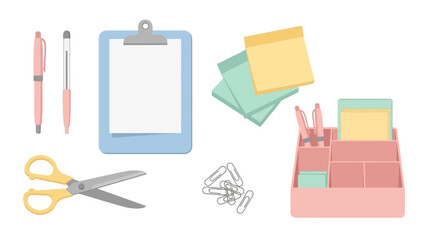 Stationary items on a white background featuring pens scissors a clipboard paperclips sticky notes and a desk organizer