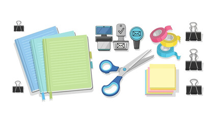 Stationery and office supplies arranged notebooks tape stamps sticky notes scissors and binder clips
