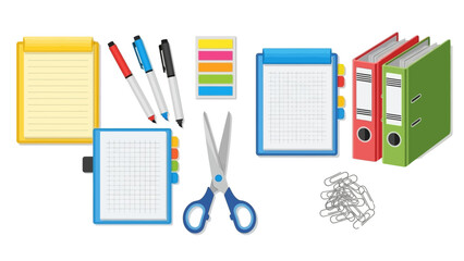 Stationery set notepad pens binders sticky notes clipboard scissors and paper clips on a white background