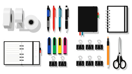 Stationery supplies include tape pens notebooks clips marker and scissors arranged neatly
