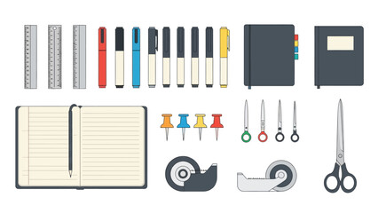 Vector art displays assorted schooloffice supplies rulers pens notebooks pins tape dispensers  scissors
