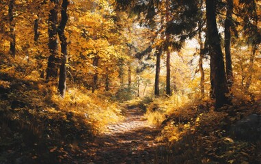 Obraz premium Autumn forest pathway scene sunlight and shadows woodland environment