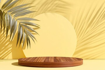 minimal abstract background for product presentation, a round wooden podium with a shadow on a yellow color backdrop and a palm leaf. --ar 3:2 --v 7 Job ID: aed4c087-68aa-42f3-ac66-6b022430dbc3