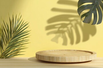 minimal abstract background for product presentation, round wooden podium with tropical leaf shadow on a yellow backdrop, mock-up scene for cosmetic products and other goods, 