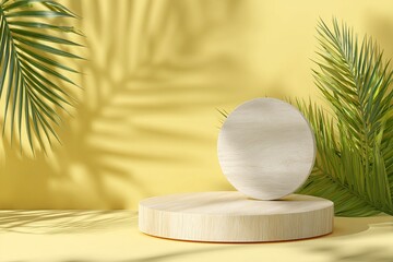 minimal abstract background for product presentation, round wooden podium with tropical leaf shadow on a yellow backdrop, mock-up scene for cosmetic products and other goods, 