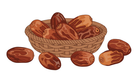 Dates in a basket with scattered fruit
