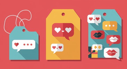 Flat design illustration of three tags with speech bubbles containing hearts and lips, symbolizing online communication and dating.