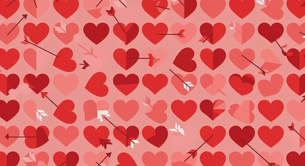 A vibrant pattern of red and pink hearts, some pierced with Cupid's arrows, creating a romantic and loving background.