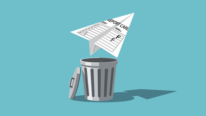 Failed grades: Student report card paper airplane heads for trash can.