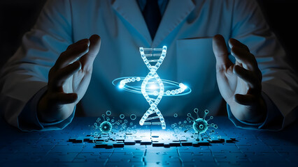 Scientist Manipulating Digital Dna Strand and Virus Model