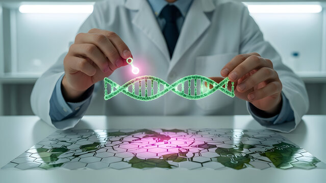 Scientist Editing Green Dna Strand Representing Genetic Research - Powered by Adobe
